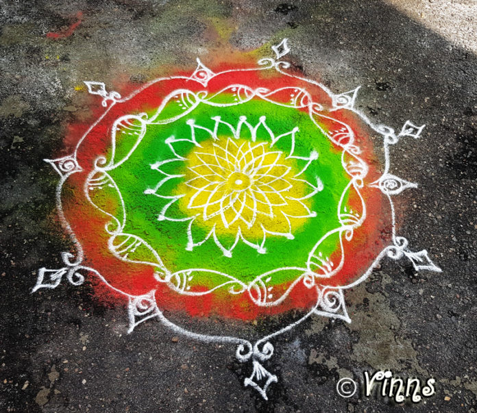 simple kolam, new design, daily kolam, colour kolam