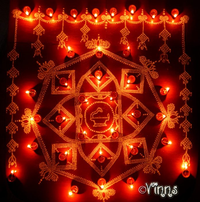 karthigai, vilakku kolam, lamps, diya, karthigai month, kaarthigai, maha deepam, thiruvannamalai, margazhi kolam