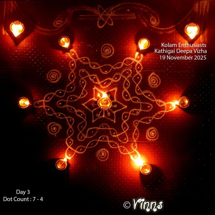 A star sikku kolam with 7 dots towards #kekarthigaideepavizha @kolamenthusiasts I manage to slice out 20 minutes from my mornings to draw karthigai kolams at my threshold. That includes placing the lamps and freezing a moment with my camera before the pathway gets busy which doesn't allow for an orchestrated radiance. Karthigai, kolam, star kolam